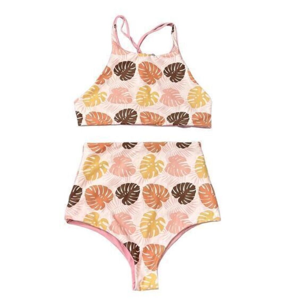IwaWhy Swimsuit High Waist Bikini Set Large Pink Cream Monstera Leaves 2 Piece